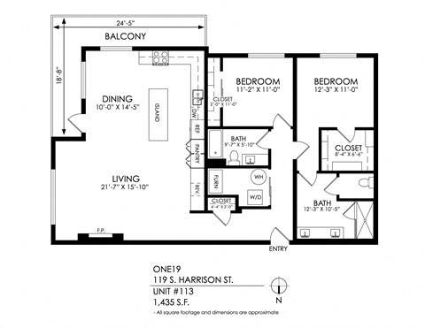 Floor plan for 2 beds, 2 baths, 1425 sqft